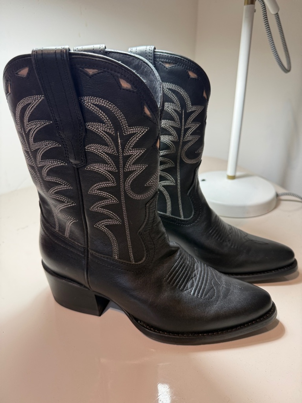 Tecovas Black Western high Ankle Boots with White Stitching